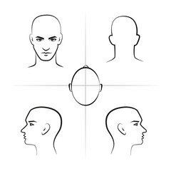 Diagram of man head for hairstylist. Manual for beauty salon, lesson, masterclass, barbershop. Man's face in front, profile, from above. Vector realistic line sketch illustration