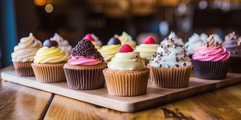 Fototapeta premium Cupcake extravaganza. Colorful mini treats on wooden table. Sweet temptations. Delicious cupcakes for celebration. Berry bliss. Fresh fruits and cream