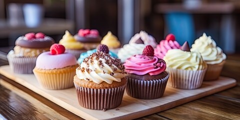 Cupcake extravaganza. Colorful mini treats on wooden table. Sweet temptations. Delicious cupcakes for celebration. Berry bliss. Fresh fruits and cream