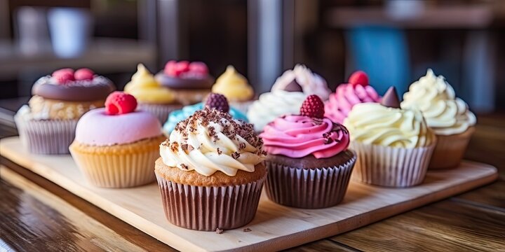 Cupcake extravaganza. Colorful mini treats on wooden table. Sweet temptations. Delicious cupcakes for celebration. Berry bliss. Fresh fruits and cream