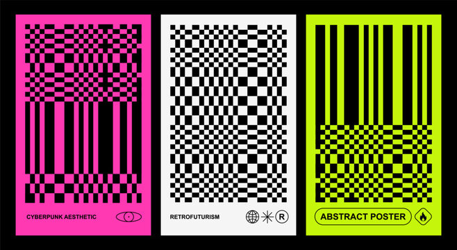 Retro cyber minimal geometric prints. Rave 90 Neo brutalism, Glitch effects, Op-art illusion. Neon color, Black grid. Brutal Vaporwave posters, Cyberpunk aesthetic, graphic design. QR Barcode, icons 