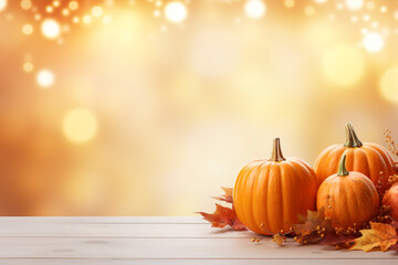 pumpkins with fall leaves on wooden ground, natural light, bokeh background, fall background with space for text