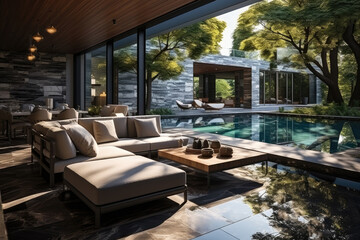 Fototapeta premium Luxurious living room in a house with panoramic windows overlooking the pool