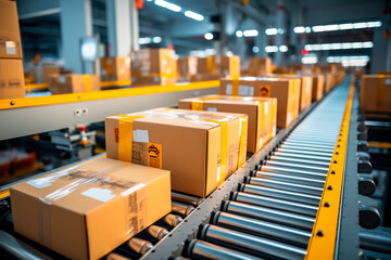 Packages on conveyor belt in industrial logistics center