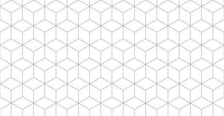 Isometric cube grid seamless pattern. Line isometric grid with editable strokes. Cubic hexagon texture. Rhombus mesh background. Geometric squared pattern. Vector illustration on white background. - 644455526
