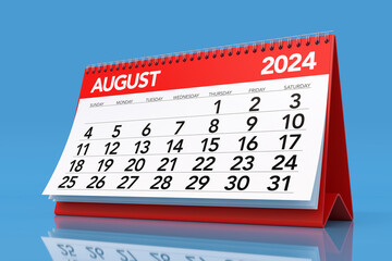 August 2024 Calendar. Isolated on Blue Background. 3D Illustration