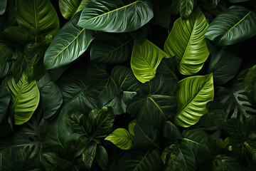 Tropical leaves as background, top view. Green foliage texture