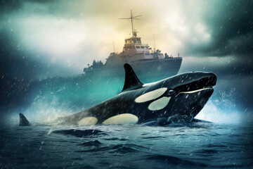 Killer whale and ship. Wildlife concept.