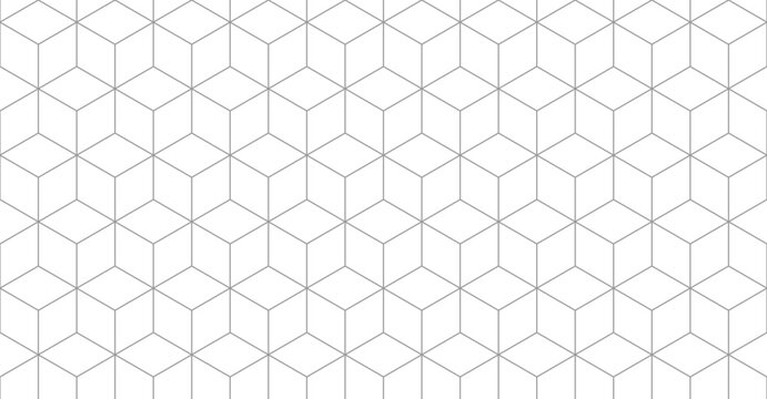 Isometric cube grid seamless pattern. Line isometric grid with editable strokes. Cubic hexagon texture. Rhombus mesh background. Geometric squared pattern. Vector illustration on white background.