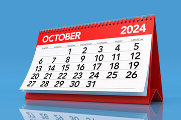 October 2024 Calendar. Isolated on Blue Background. 3D Illustration