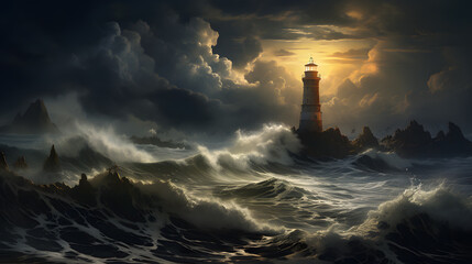 Amidst a tempestuous sea, a steadfast lighthouse sends out its guiding beam of light. The scene symbolizes resilience in the face of adversity and the comforting presence of beacons in the darkness. - obrazy, fototapety, plakaty