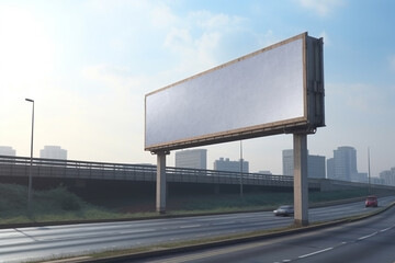 Obraz premium an empty white billboard for your advertising stands in near the road in a large urban metropolis. blank advertising billboard mockup on the road. blue sky background. Generative AI