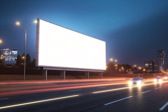 an empty white billboard for your advertising stands in near the road in a large urban metropolis at night. blank advertising billboard mockup on the road. blue sky background. Generative AI