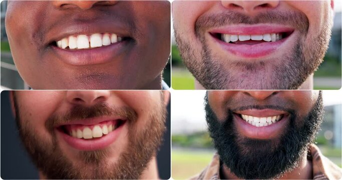 Smile, happy and closeup of mouth of men in city for happiness, joy and facial expression. Diversity, oral hygiene and collage of people for teeth whitening for confidence, pride and dental care