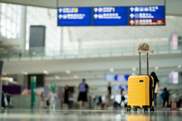 The suitcases in an empty airport hall, traveler cases in the departure airport terminal waiting...