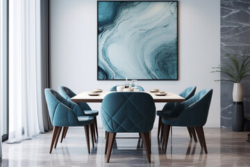 Dining room with blue chairs at home