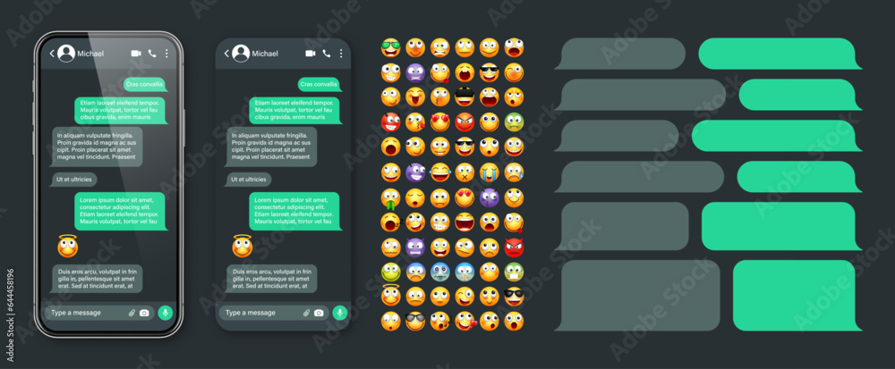 Wall mural smartphone messaging app, user interface with emoji. sms text frame. chat screen, green message bubb