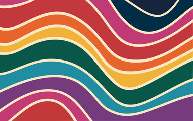 Abstract background of rainbow groovy Wavy Line design in 1970s Hippie Retro style - obrazy, fototapety, plakaty