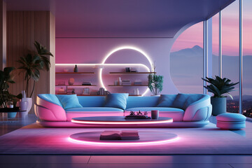 Modern interior of living room. with neon light. 3D rendering. 3D illustration.