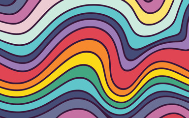 Abstract background of rainbow groovy Wavy Line design in 1970s Hippie Retro style