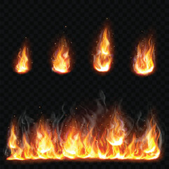Realistic burning fire flames with smoke. Fire flame.set. Realistic fire flames set
