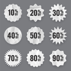 Crumpled paper price tags. Special offer or shopping discount label with percent, discount percentage value. Retail sticker with cardboard texture. Promotional sale badge. Vector illustration