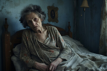 Mental Health Concept for World Mental Health Day. Sad and depressed senior woman alone in bedroom. Sick elderly woman. Mental health problem. Suffering from insomnia. Mental illness.
