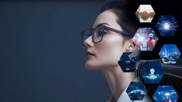 デジタルの世界で成功したビジネスリーダー、DX サイバーセキュリティ、インターネット安全のイメージ