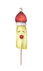 Banana strawberry and marshmallow on a wooden stick, Santa Fruit Pop. Watercolor illustration.