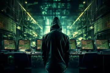 Hacker in hood stealing data from computer. Cyber crime concept.
