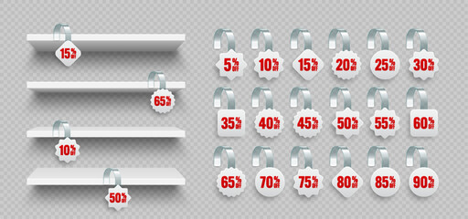 Store shelves with supermarket promotional wobblers. Product shelf and advertising wobbler with percent discount. Grocery wall rack. Sale label, special offer price tag. Vector illustration