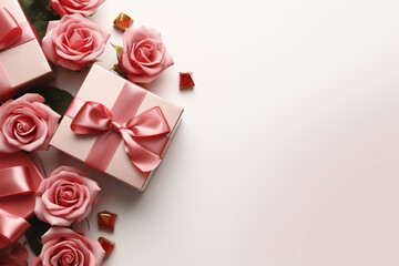 Gift box and roses on white background, top view. Space for text