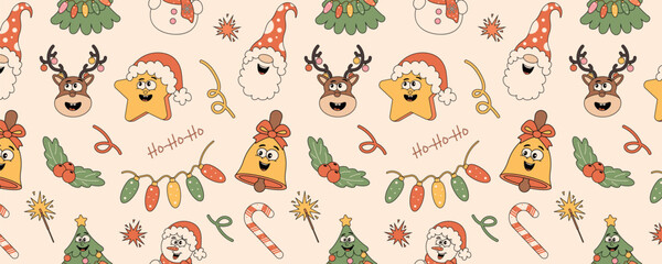 Vintage retro seamless pattern with funny cartoon characters. Christmas background gnome, tree, gifts, star, garland. Vector illustration