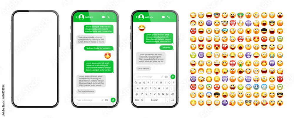 Wall mural smartphone messaging app, user interface design with emoji. sms text frame. chat screen with green m