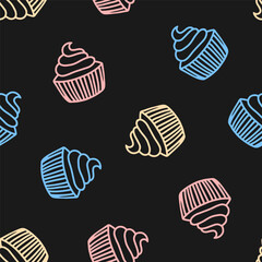 Seamless pattern with colorful cupcakes and black background