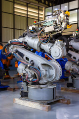 Robotics, Robot for industry. Collaborative robot, safe, flexible. AI Robot, robot arm in the manufacturing automation and robotics manufacture room. Hitec technology. Industrial Robotic Manipulator.