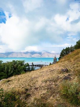 view of Lake Sevan and Sevanavank monastery on summer day, Armenia