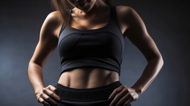 Woman waist in sports clothing in gym with visible well defined abdominal muscles, Generative AI Illustration