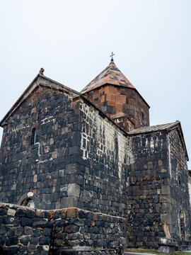 Surp Arakelots church of Sevanavank Sevan Monastery on overcast summer day, Armenia