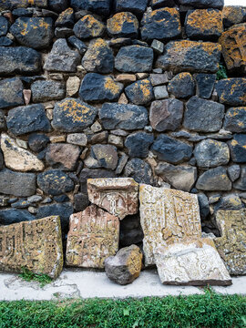 Khachkars along ruins of gavit in Sevanavank Sevan Monastery, Armenia