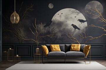 Birds and moon depicted in golden and black feathers against a dark gray mural wallpaper, beautifully framed with canvas. Generative AI - obrazy, fototapety, plakaty