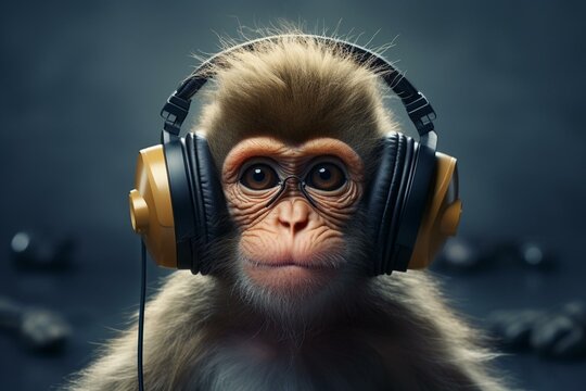 Image of a small monkey with headphones. Generative AI