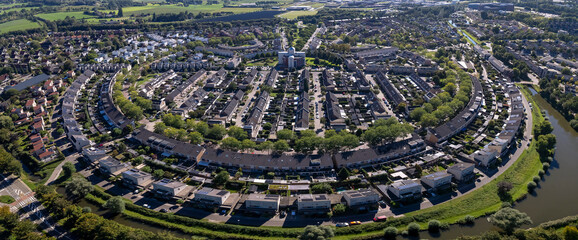 Panorama aerial of residential neighbourhood Leesten in suburbs of Zutphen. City planning, street...