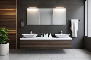 Fototapeta na wymiar Chic Bathroom Interior: Gray and Brown Walls, Black Countertop, Mirror, Plants, and Parquet Floor. Generative AI.