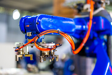 Robotics, Robot for industry. Collaborative robot, safe, flexible. AI Robot, robot arm in the manufacturing automation and robotics manufacture room. Hitec technology. Industrial Robotic Manipulator.