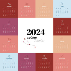 Zodiac calendar 2024, 12 sun signs, square design, easy to scale