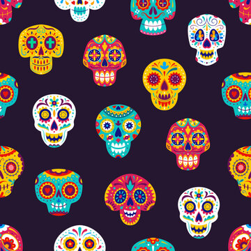 Mexican calavera sugar skulls seamless pattern. Dead day tile background, Dia de los muertos craniums with flowers and floral ornament. Traditional Mexico festival symbolic, Death holiday celebration