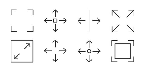 Set of line editable stroke full screen, expand arrow icon 