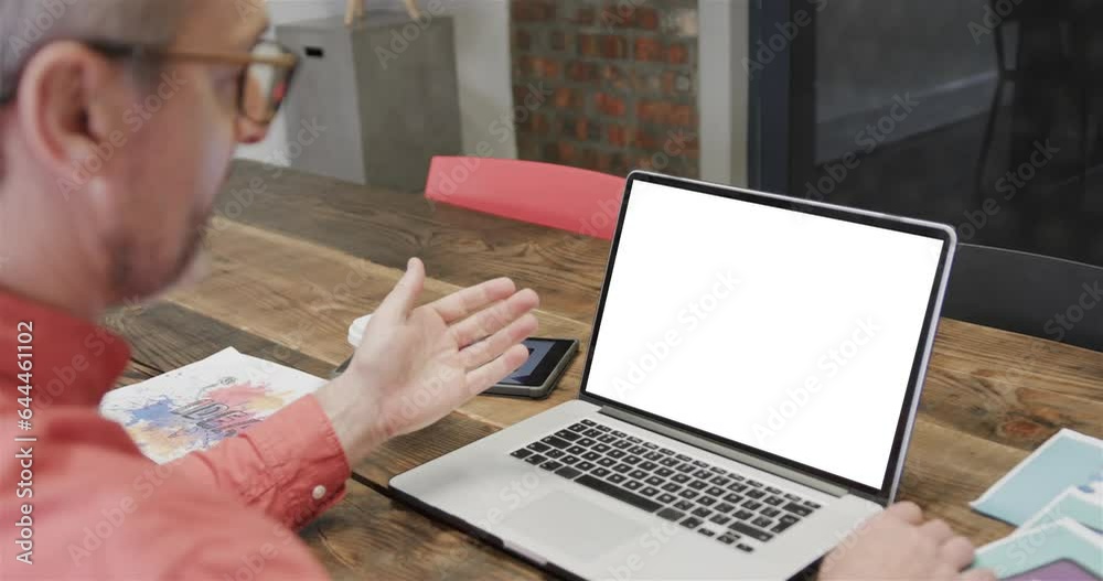 Canvas Prints Caucasian businessman on laptop video call with blank screen