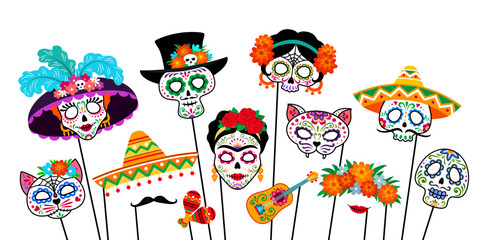 Photo booth Halloween holiday masks and props for Dia de Los Muertos, vector cartoon faces. Day of Dead holiday photo booth masks of Catrina calavera, skull in sombrero, marigold wreath and guitar